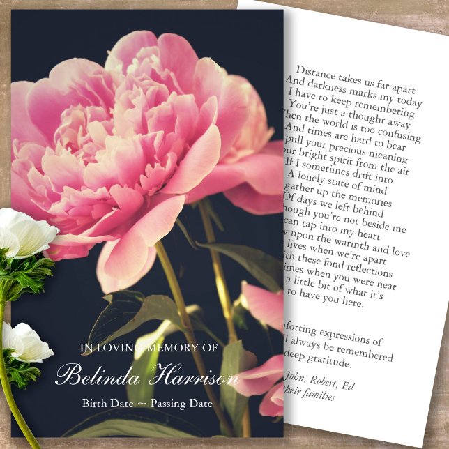 Funeral Pink Peony Cartes de Sympathie (Forever in our hearts, celebration of life, in loving memory of, prayer cards for bereavement)