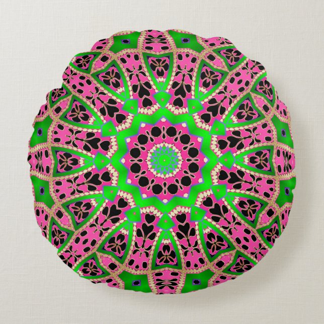 Funky Bohemian Green Pink Mandala Round Coussin (Devant)