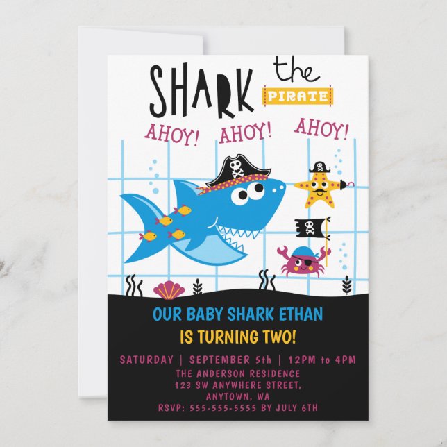Funky Shark Pirate Anniversaire Fête Invitation (Devant)