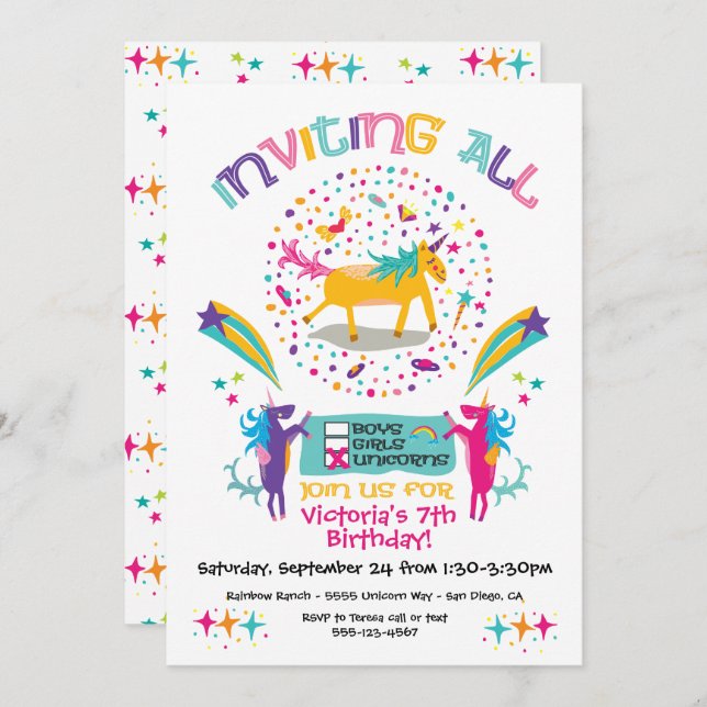 Funky Unicorn Invitations de fête d'anniversaire (Devant / Derrière)