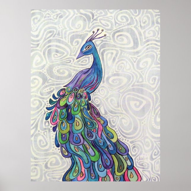 Funky Watercolor Peacock Affiche d'art originale (Devant)