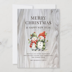 Funky Watercolor Snowmen Rustic Wood Carte de vaca