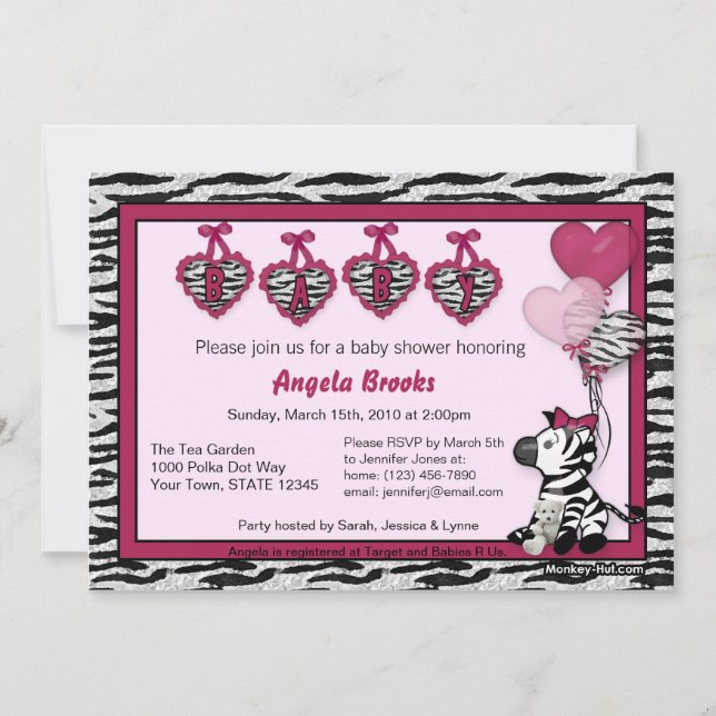 Funky Zebra Baby shower Invitation Adorable PINK (Devant)