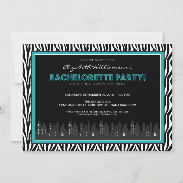 Funky Zebra Bachelorette Party Invitation (aqua) (Devant)