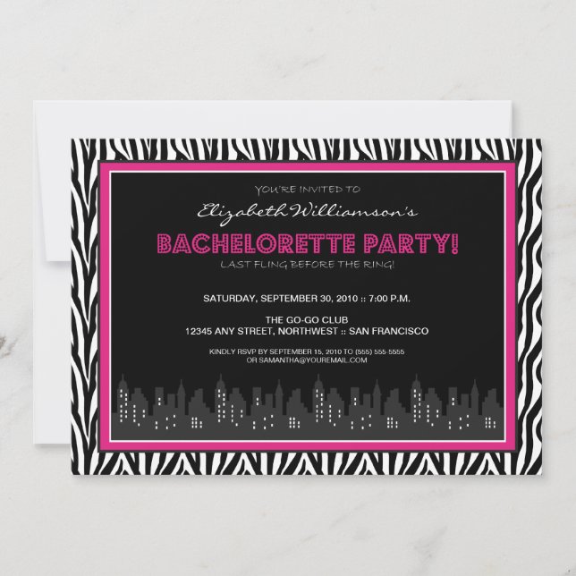Funky Zebra Bachelorette Party Invitation (rose) (Devant)