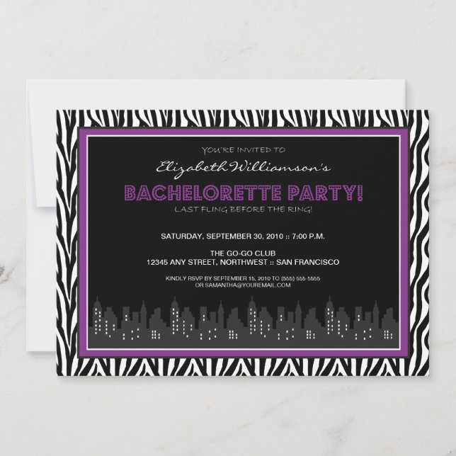 Funky Zebra Bachelorette Party Invitation (violet) (Devant)