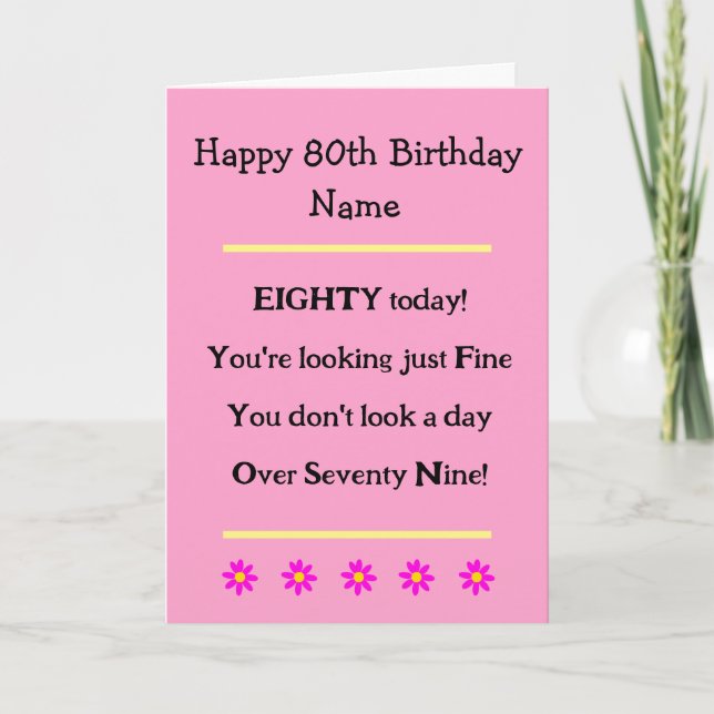 Funny 80e anniversaire Verse rose carte d'annivers (Devant)