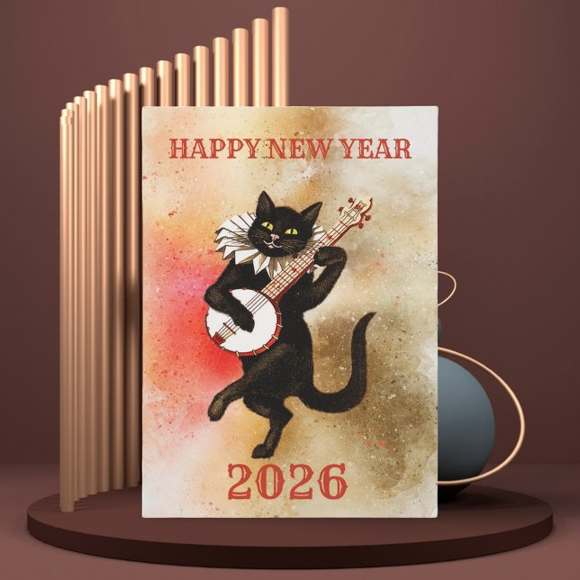 Funny and vintage happy new year holiday card (Happy new year vintage Card- Funny black cat playing music )
