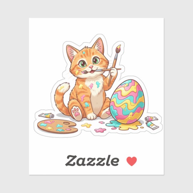 Funny Artist Cat Painting Easter Egg Messy Sticker (Feuille)