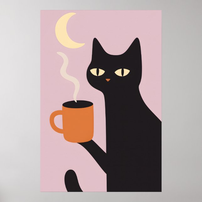 Funny Black Cat Coffee Moon Poster (Devant)