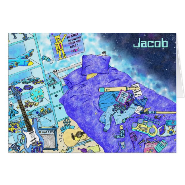 Funny Boys Messy Bedroom Blue Art Humour Anniversa (Devant horizontal)