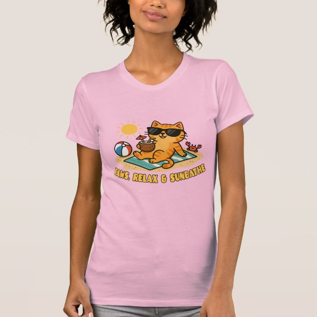 Funny Cat Beach T-Shirt – Paws Relax & Sunbathe  (Devant)