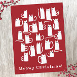 Funny Cat Meowy Carte postale de Noël<br><div class="desc">Beaucoup de petits chats blancs amusants sur un arrière - plan rouge festif. Modifiez le message d'accueil pour personnaliser. Art original de Nic Squirrell.</div>