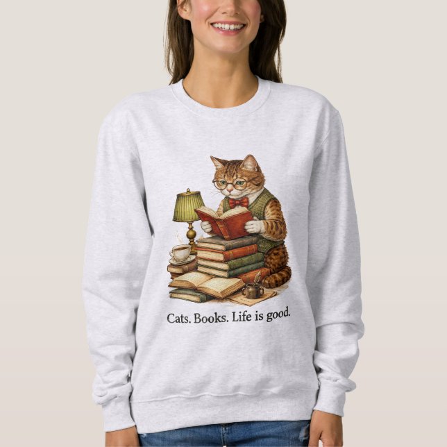 Funny Cat Reading Books Sweatshirt – Retro Design (Devant)