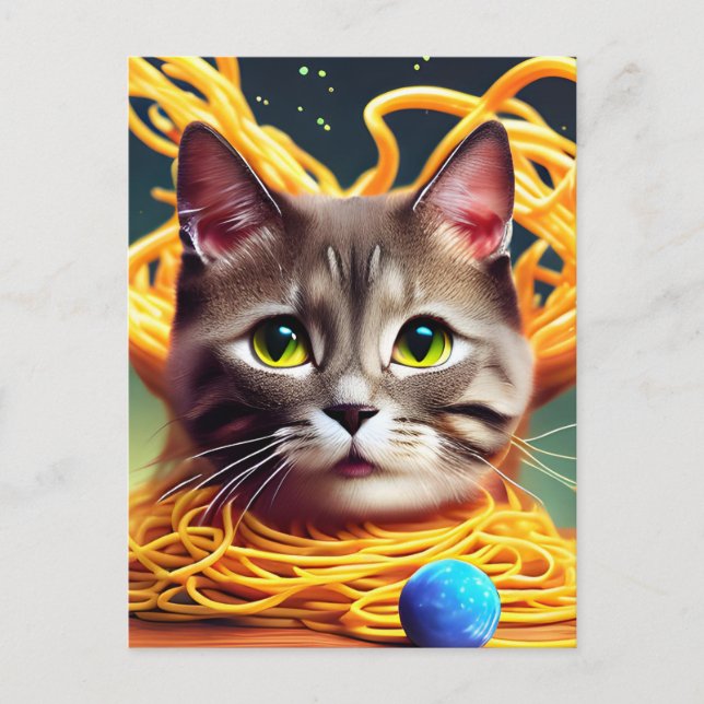 Funny Chat Manger Spaghetti Carte postale (Devant)