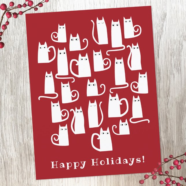 Funny Chat Noël Carte postale (Red and white cat fun holiday postcard)