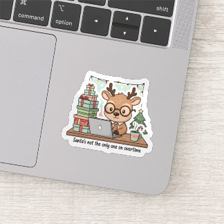 Funny Christmas Reindeer Working Overtime Sticker 