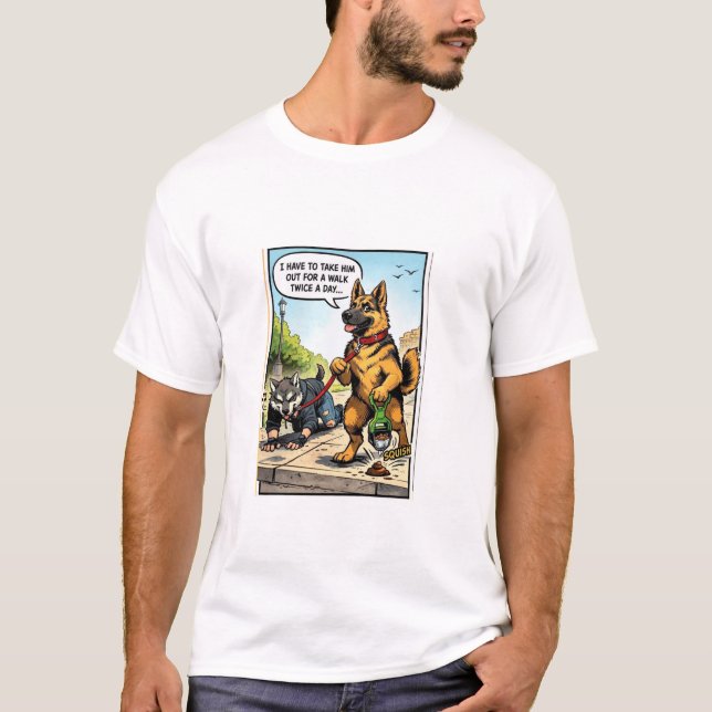 Funny Dog Walking Human Comic Graphic T-Shirt (Devant)