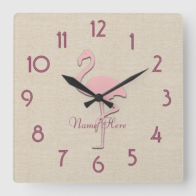 Funny Flamant rose rose Ajouter un nom Horloge mur (Recto)