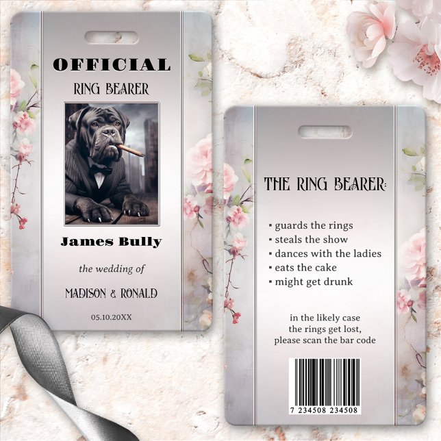 Funny Floral Mariage Ring Bearer Photo ID Badge (Funny wedding ring bearer photo ID badge with your custom photo on a floral pink grey design)