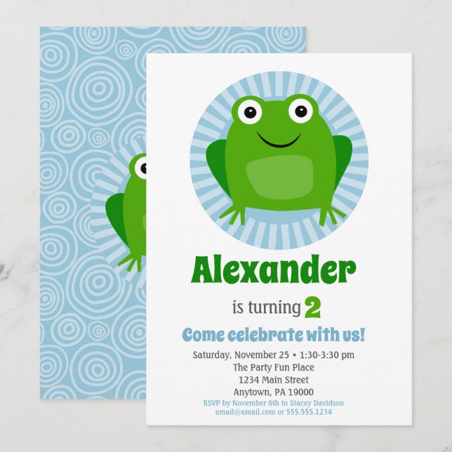 Funny Frog Boys Invitation d'anniversaire (Devant / Derrière)