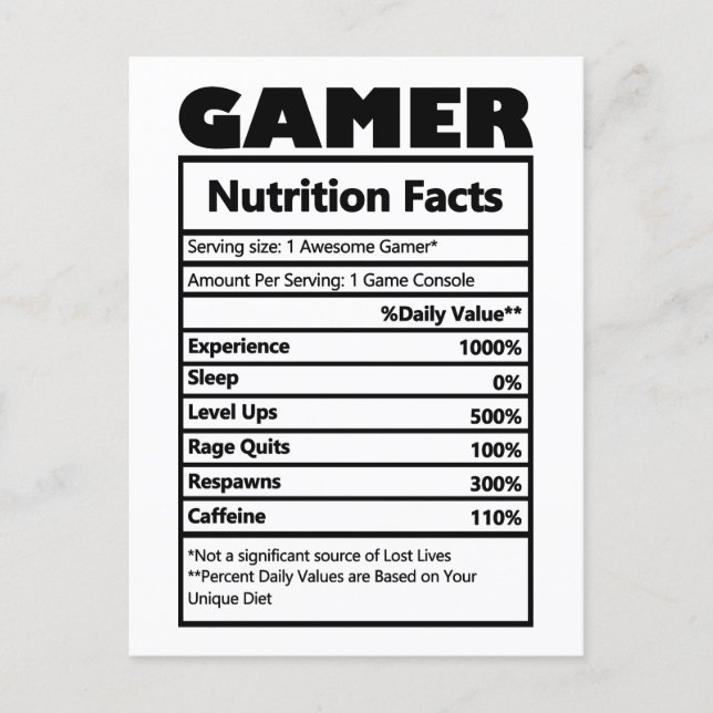 Funny Gamer Nutrition Facts Carte postale (Devant)