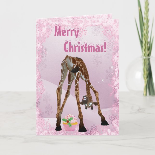 Funny Giraffe & Cupcake rose Carte de Noël (Devant)