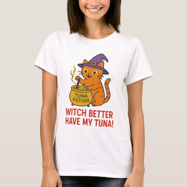 Funny Halloween Cat Witch T-Shirt  (Devant)