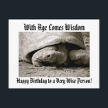 Funny Happy Birthday Carte postale avec vieille to<br><div class="desc">Avec l'âge vient la sagesse heureux anniversaire à une personne très sage! on lit au verso : La plus ancienne Aldabra connue était "Adwaita" qui aurait vécu jusqu'à 255 ans.  Vous vous sentez mieux maintenant à propos de VOTRE âge? photo de Brenda Perez</div>