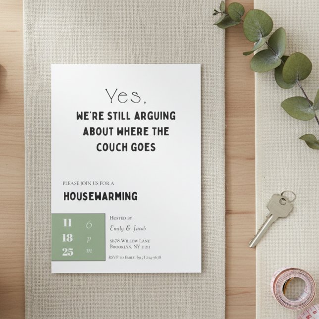 Funny Housewarming Invitation ・ Couch Quote Design (Funny housewarming invitation flat lay on linen and wood with eucalyptus and house keys.)