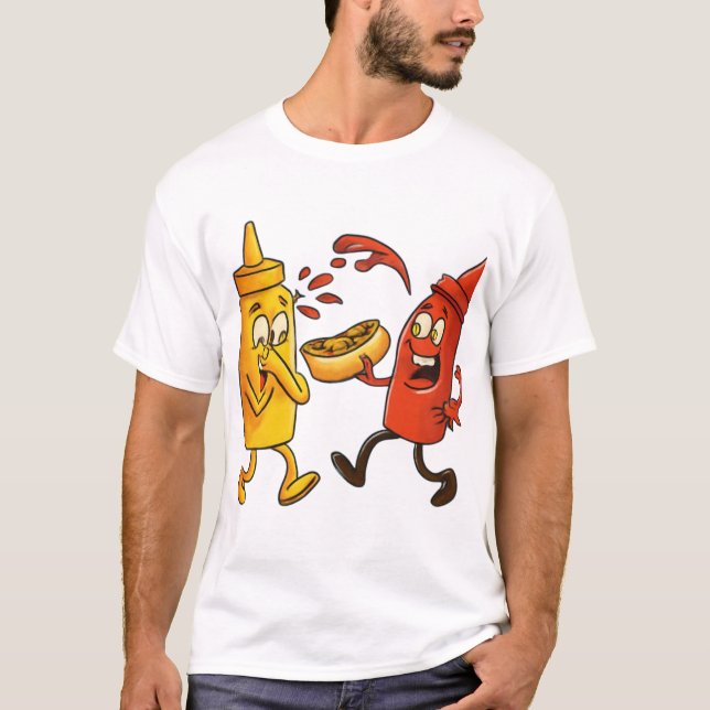 Funny Ketchup and Mustard Cartoon T-Shirt (Devant)