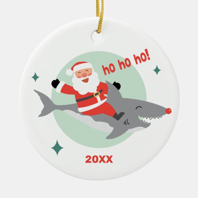 Funny Père Noël équitation Un requin Nom Ornement  (Devant)