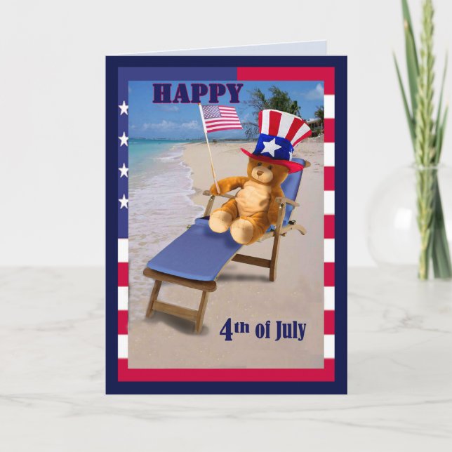Funny Quart Juillet carte Patriotique Teddy Bear (Devant)