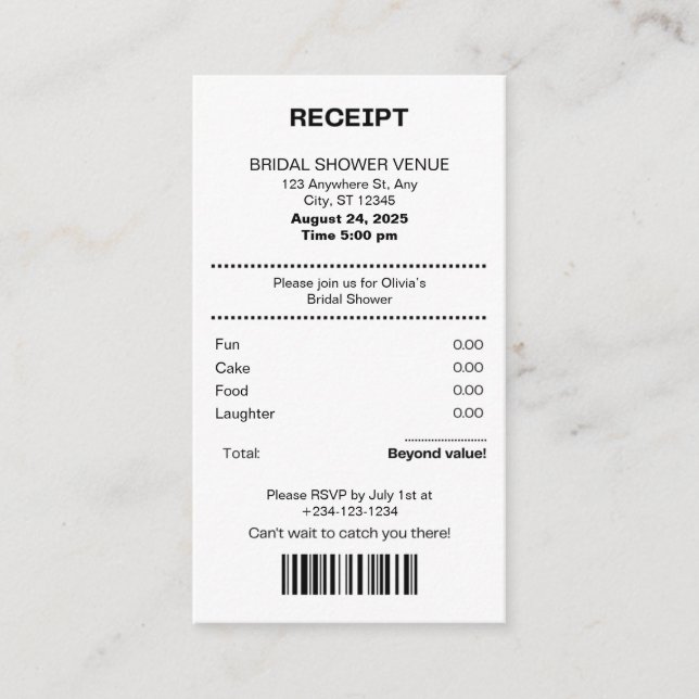 Funny, Receipt theme Bridal shower invitation (Devant)