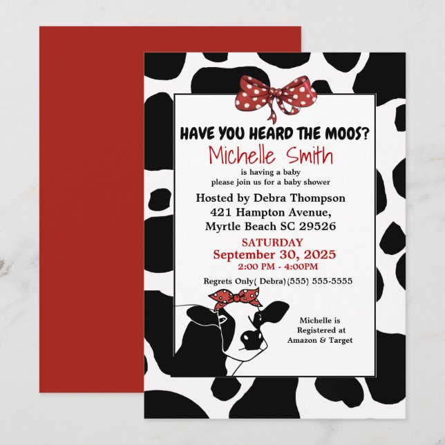 Funny Red and Cow Print Baby Shower Invitations (Devant / Derrière)