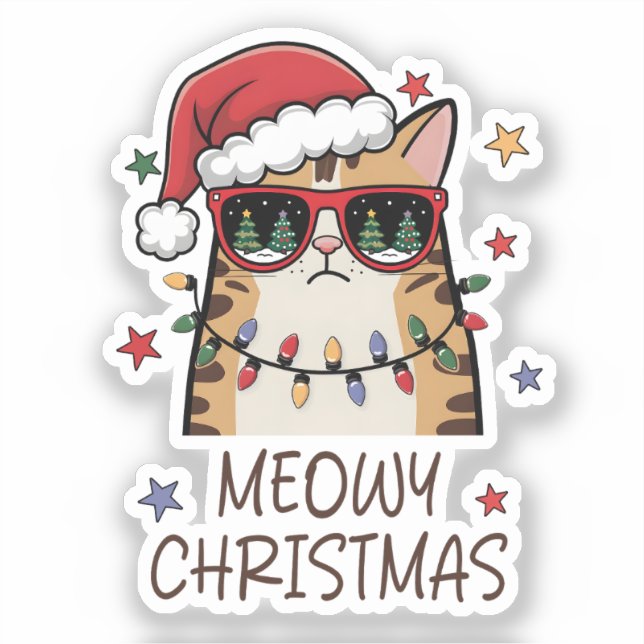 Funny Santa Cat “Meowy Christmas” Vinyl Sticker  (Recto)