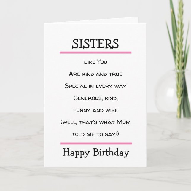 Funny Sisters Cheeky Poem Carte d'anniversaire (Devant)