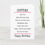 Funny Sisters Cheeky Poem Carte d'anniversaire<br><div class="desc">Jolie carte d'anniversaire avec un verset amusant à envoyer à votre soeur. Convient aux soeurs avec un sens de l'humour.</div>