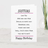 Funny Sisters Cheeky Poem Carte d'anniversaire