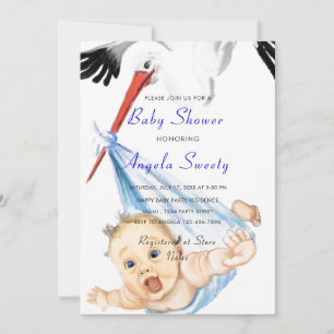 Funny Stork portant bébé garçon douche Invitation