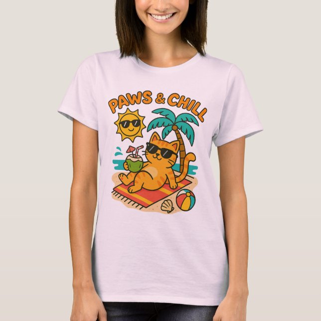 Funny Summer Cat T-Shirt – "Paws & Chill"  (Devant)