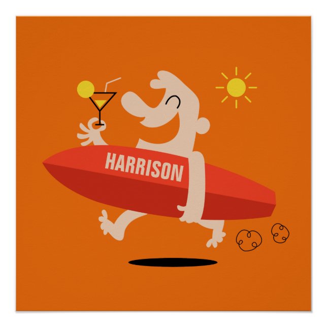 Funny Surfer avec Cocktail poster de nom personnal (Devant)