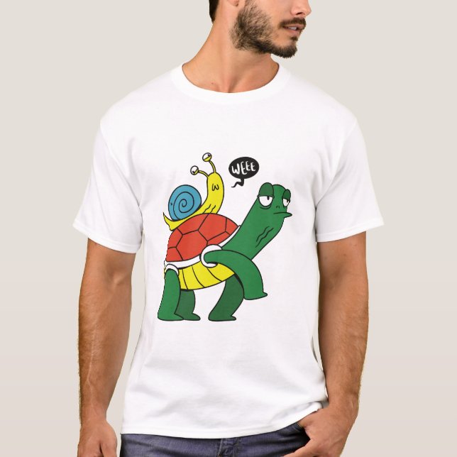 Funny Turtle Riding Snail Cartoon T-Shirt (Devant)