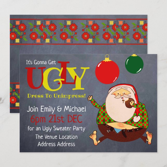 FUNNY UGLY SWEATER Noël Invitation Chalkboard (Devant / Derrière)