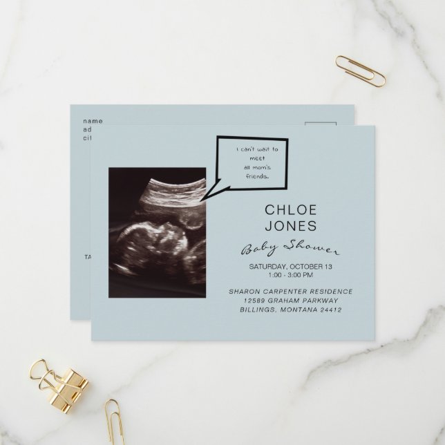 Funny Ultrasound Baby shower Blue Invitation (Devant/Arrière en situation)