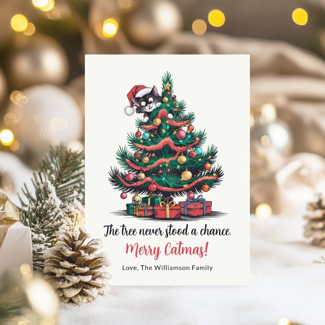 Funny Vintage Chat carte de Noël (Funny Vintage Cat Christmas Card on a table with Christmas decoration)