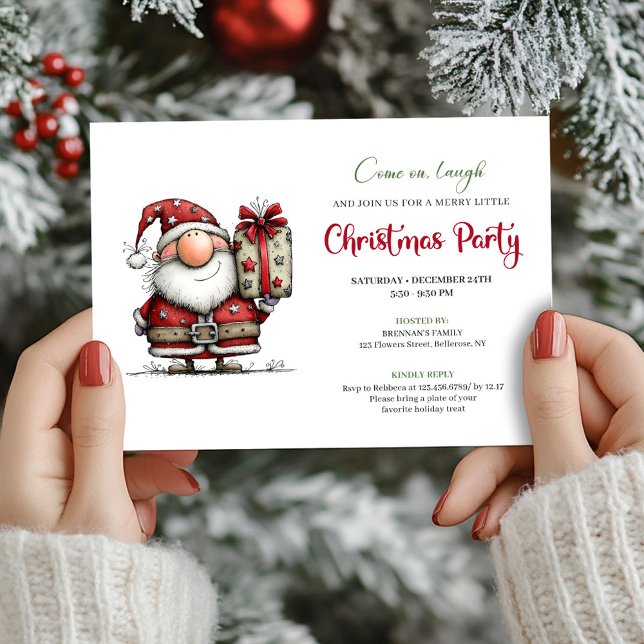 Funny watercolor Santa Christmas party invitation (Whimsical Red Green Funny Santa Party Invitation)