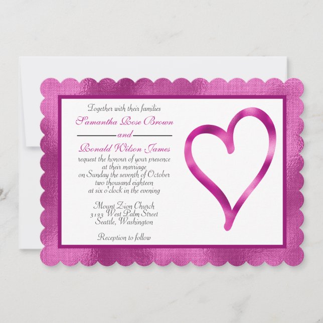 Fuschia feuille avec faire-part de mariage à coeur (Devant)