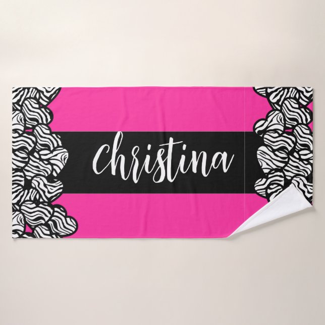 Fuschia rose noir blanc zèbre motif nom du coeur (Serviette de bain)
