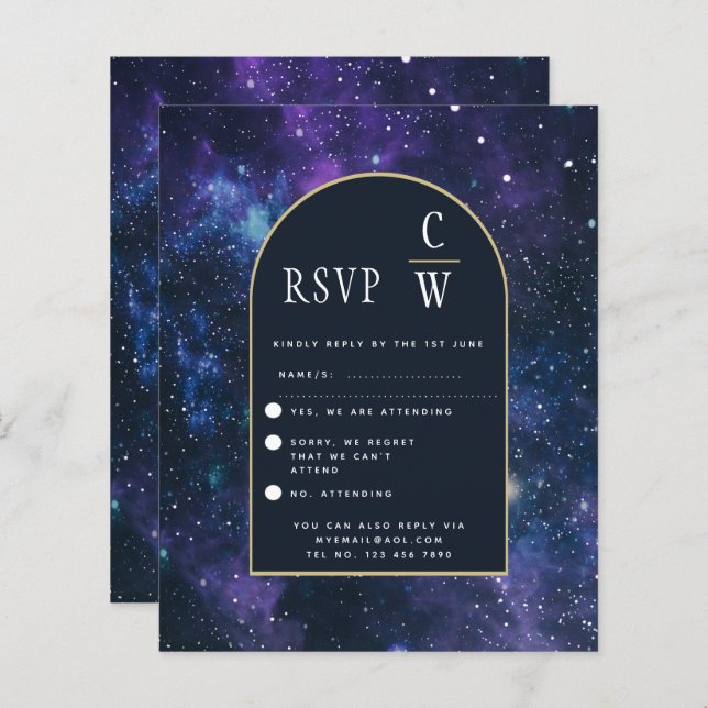 Galaxie Nuit étoilée Violet Bleu Or Mariage RSVP (Devant / Derrière)